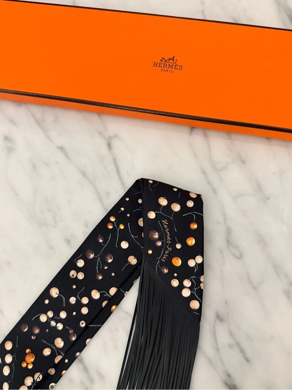 New Hermès Black Red Berries Leather Fringes Twilly
